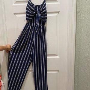 Blue and white striped full length romper